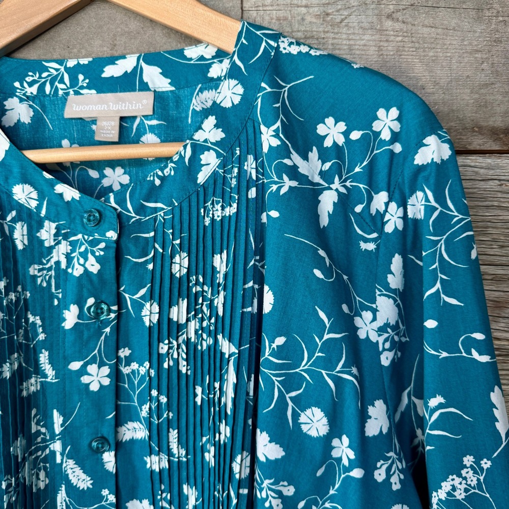 Woman Within NWOT Pintuck Cotton Floral Tunic Top 2X 26/28 Teal Prairie Cottage